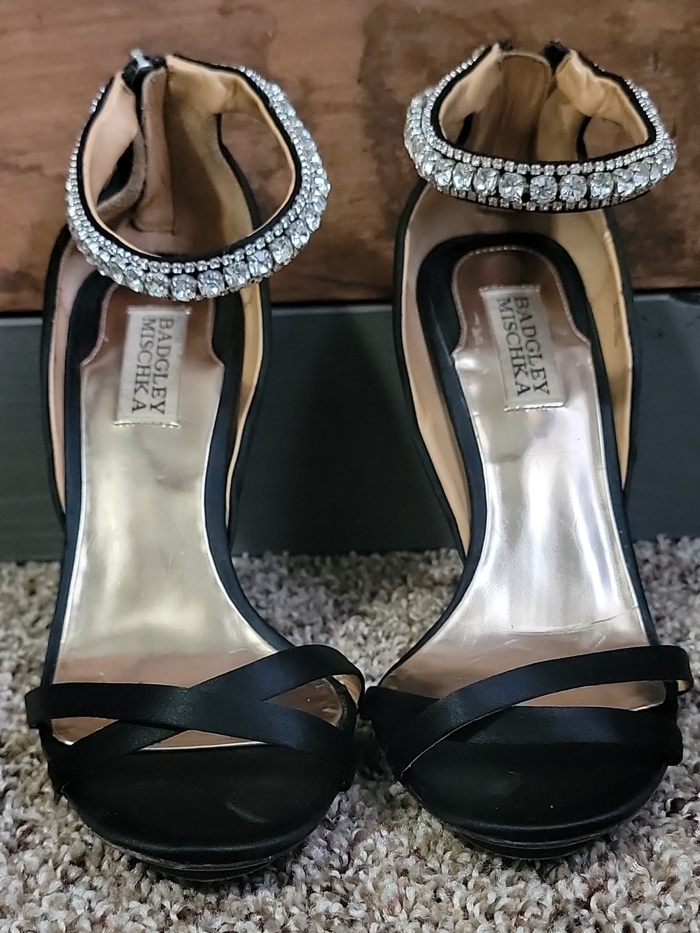 Badgley Mischka Black Satin Embellished Ankle Strap High Heels